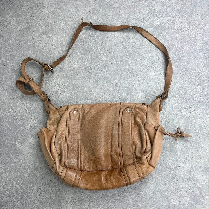 Tan distressed leather zip city crossbody D-ring bag