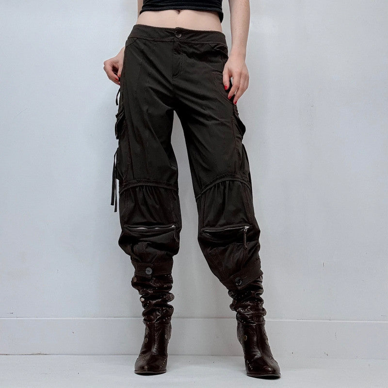 gathered pleated brown low rise grunge utility trousers