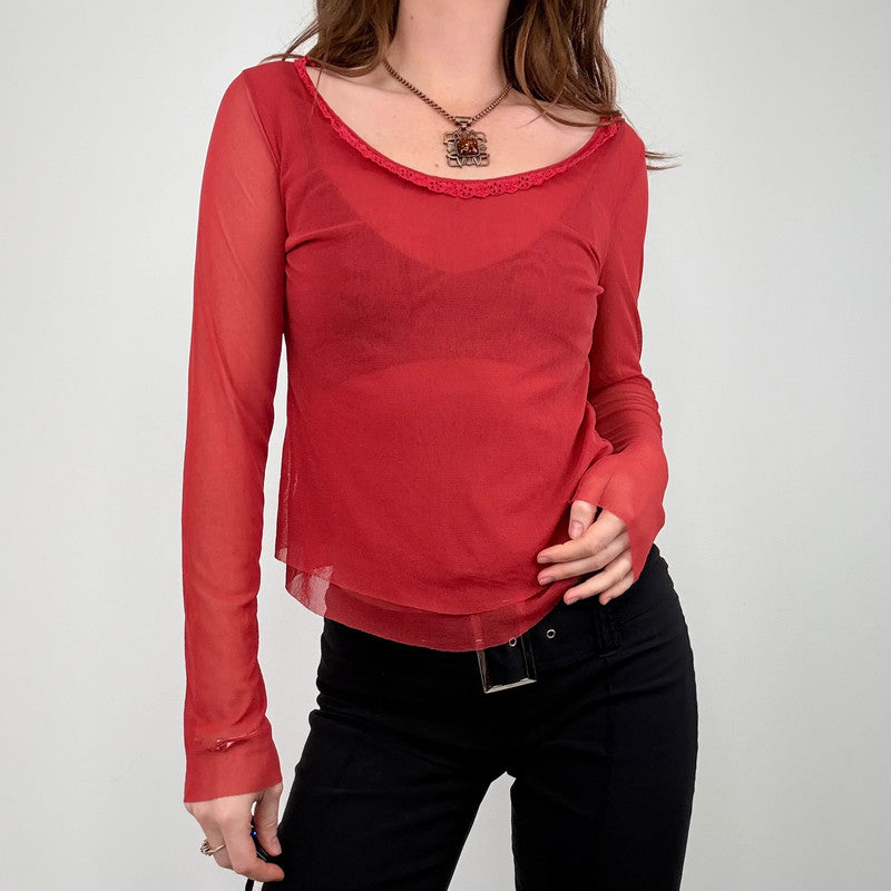 red sheer mesh layered long sleeve t-shirt