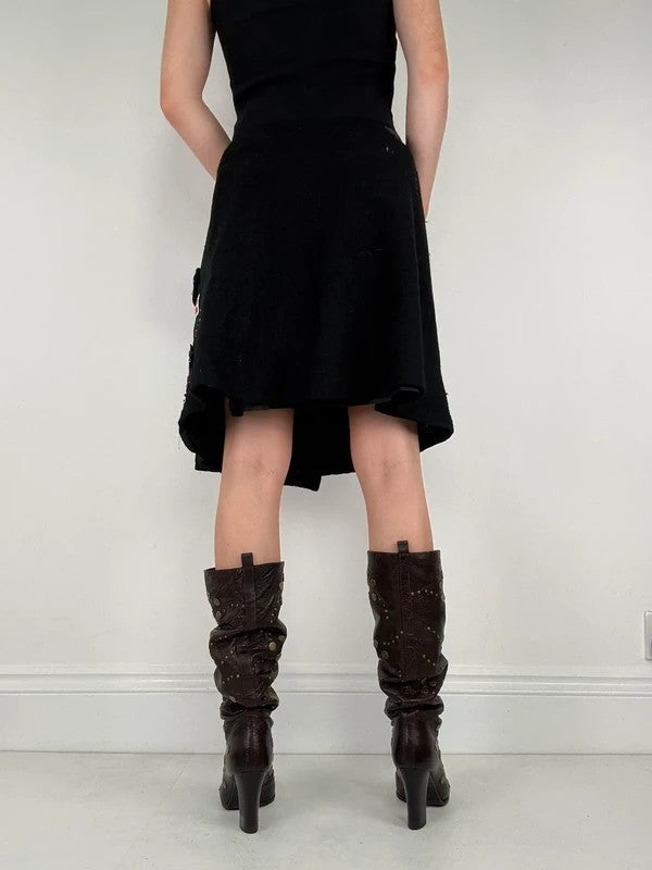 Flared black wool abstract button midi skirt