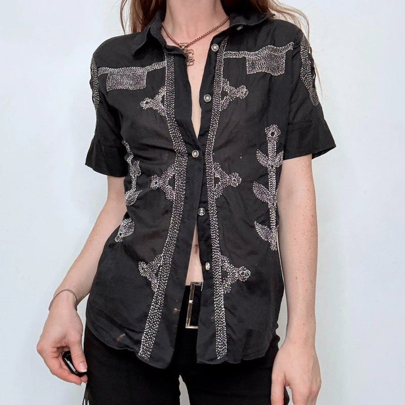 black embroidered stitched button shirt
