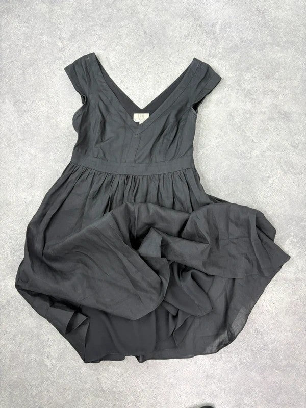 black pleated drop waist linen midi dress