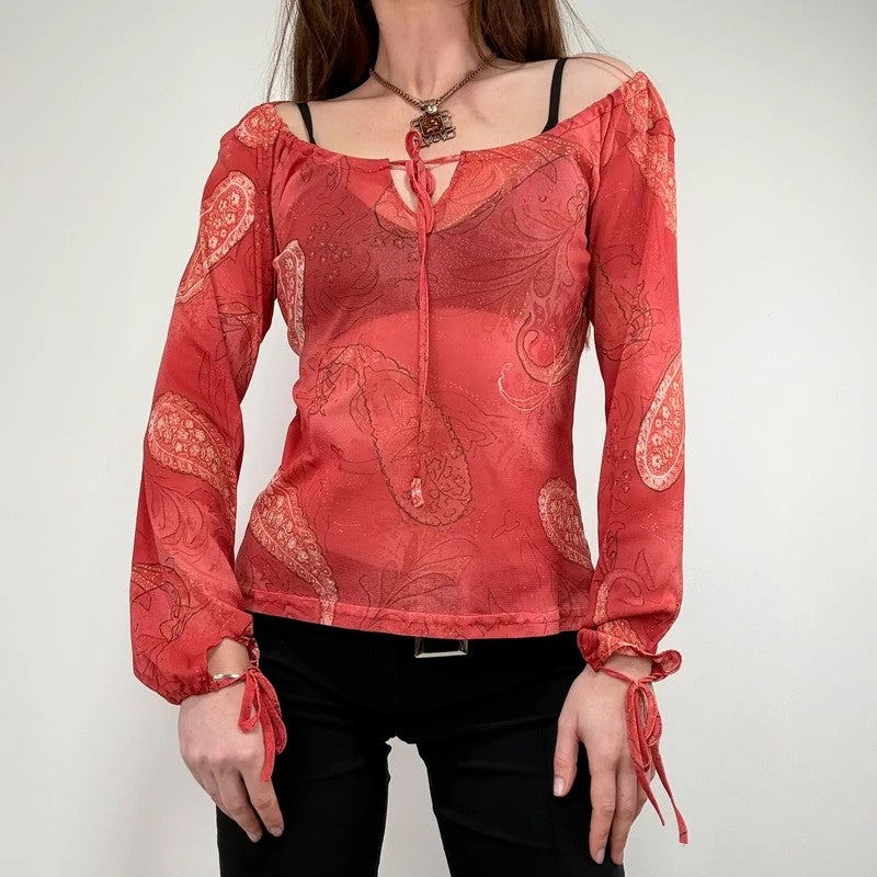 sheer paisley slouchy off-the-shoulder mesh blouse