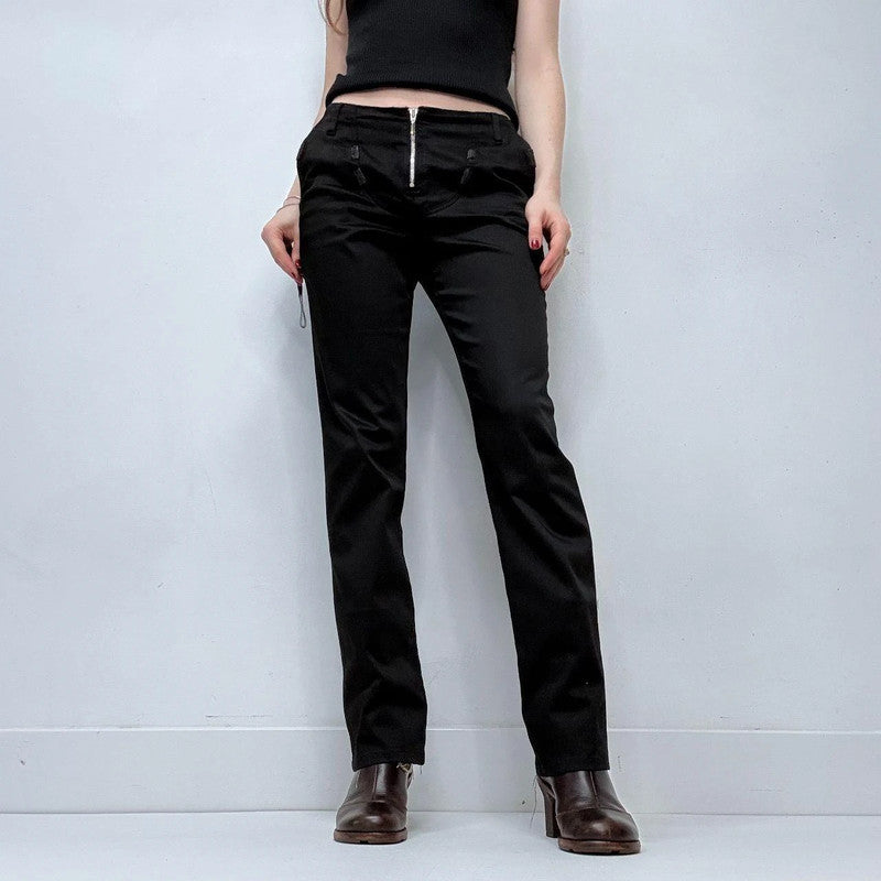black zip front straight leg trousers