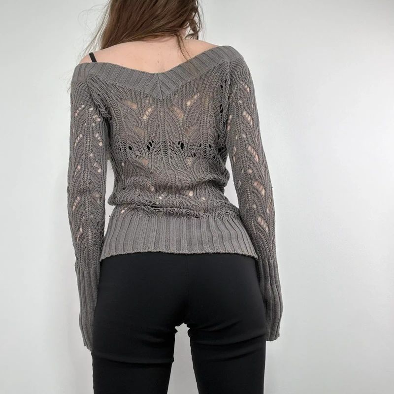 khaki lace knit off the shoulder slouchy jumper
