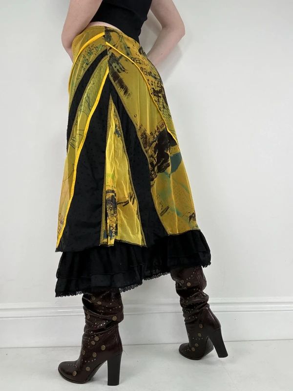 Patchwork graphic mesh layered long skirt