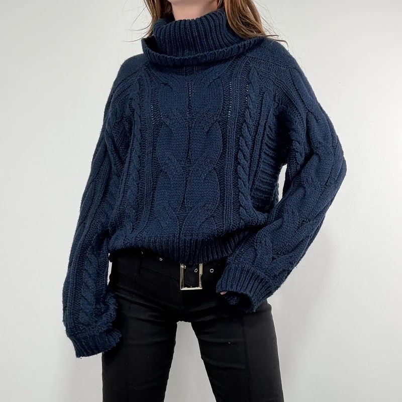 navy chunky cable knit turtle neck jumper