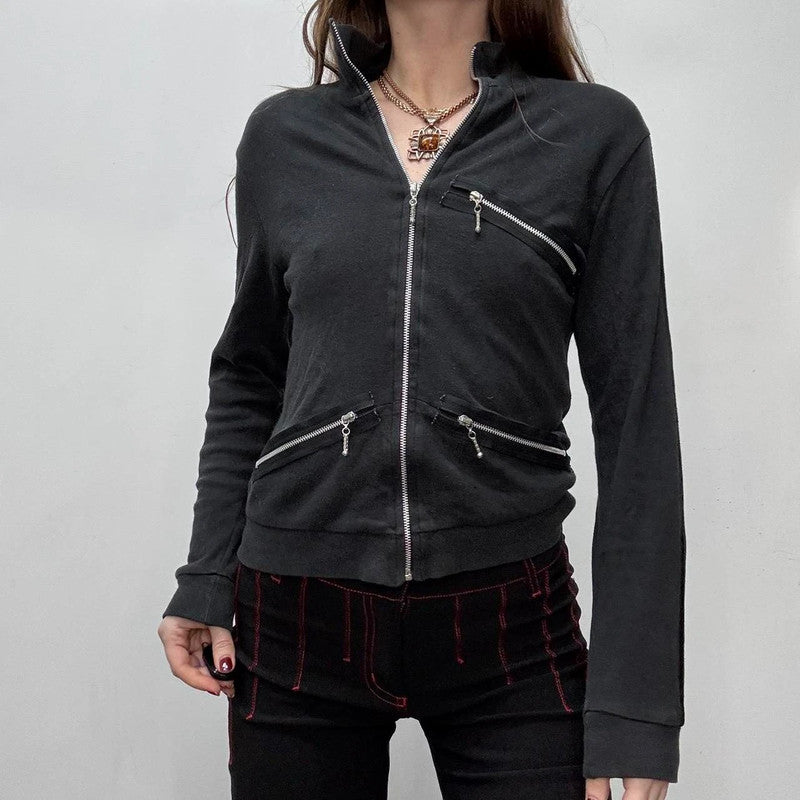 black fitted slouchy zip cardigan