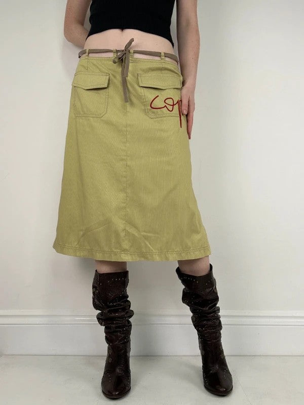 green pinstripe Cop Copine midi cargo skirt