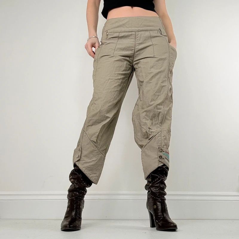 khaki low rise puff pleated trousers