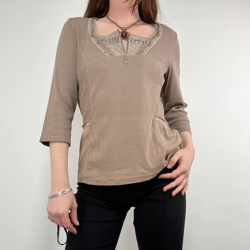 khaki cotton 3/4 length sleeve t-shirt