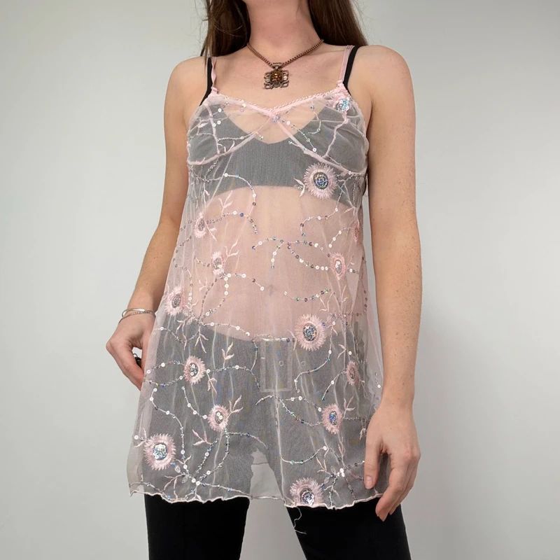 pastel pink sheer mesh lace embroidered cami top