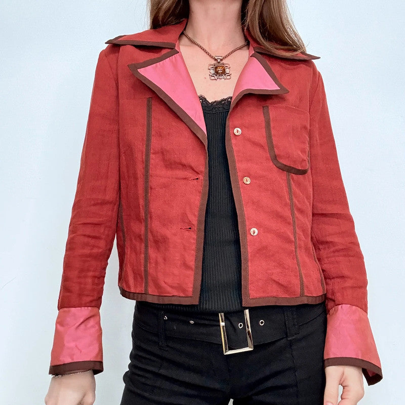 red linen cropped shirt jacket