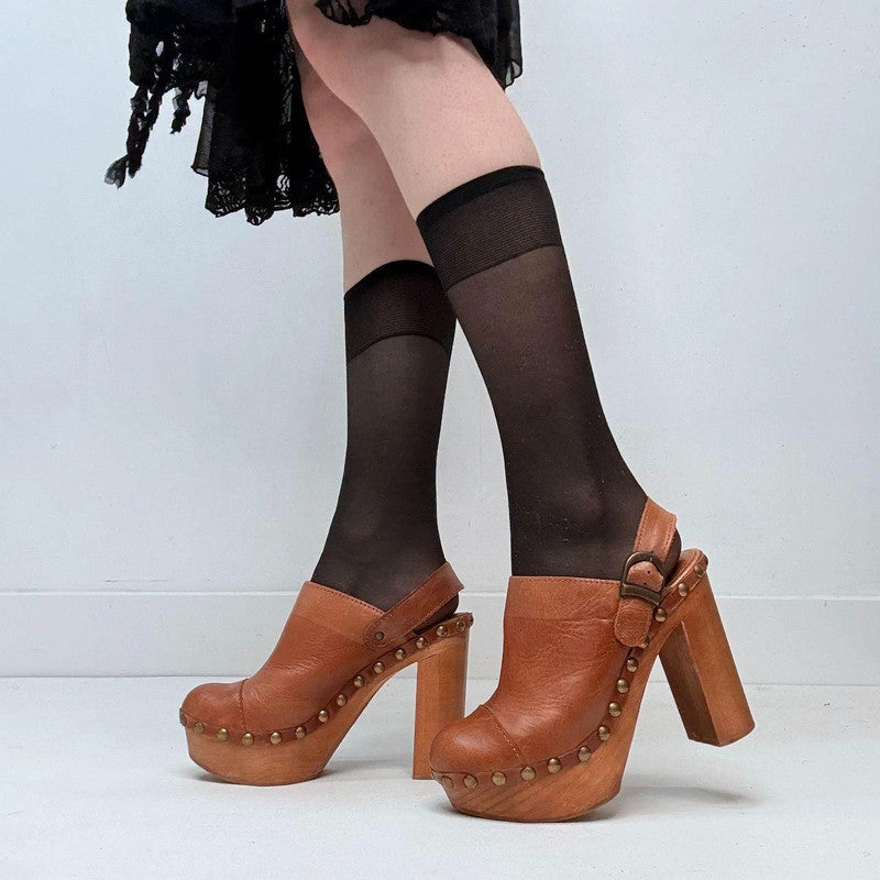 tan leather studded clog heels