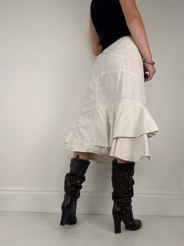 white ruffle low rise layered midi skirt