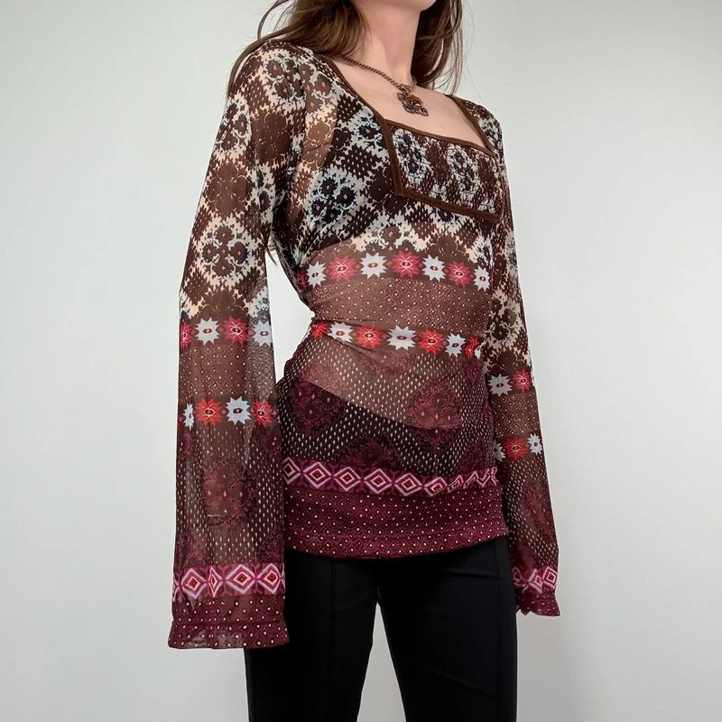 graphic printed boho western flared mesh shirt