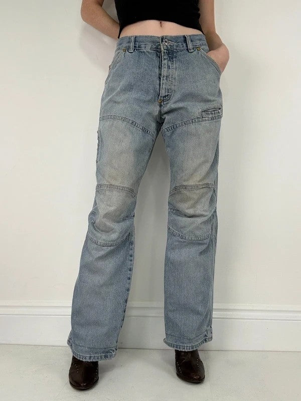 distressed light wash G-star raw cargo flare jeans