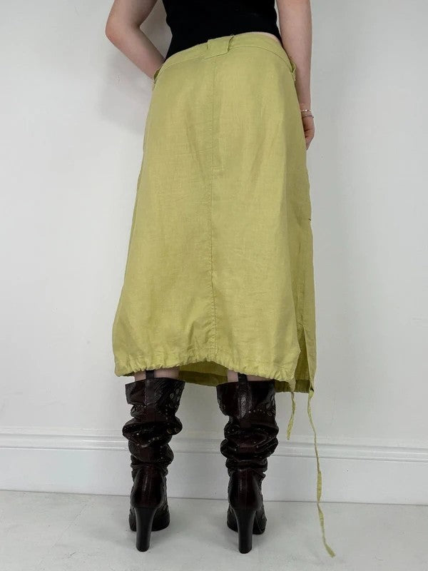 green Chartreuse 100% linen cargo grunge midi skirt