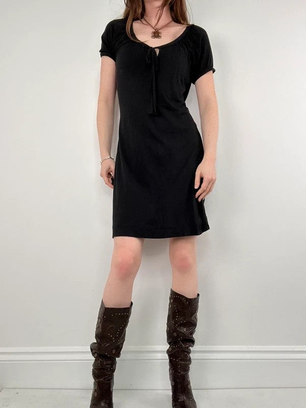 slouchy black bow neck mini dress