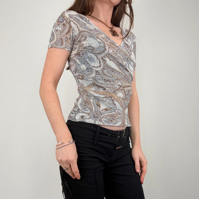 grey brown paisley mesh gathered wrap top