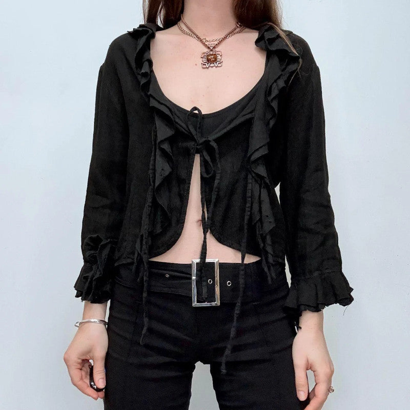 black ruffle linen flared tie up ruffle shirt