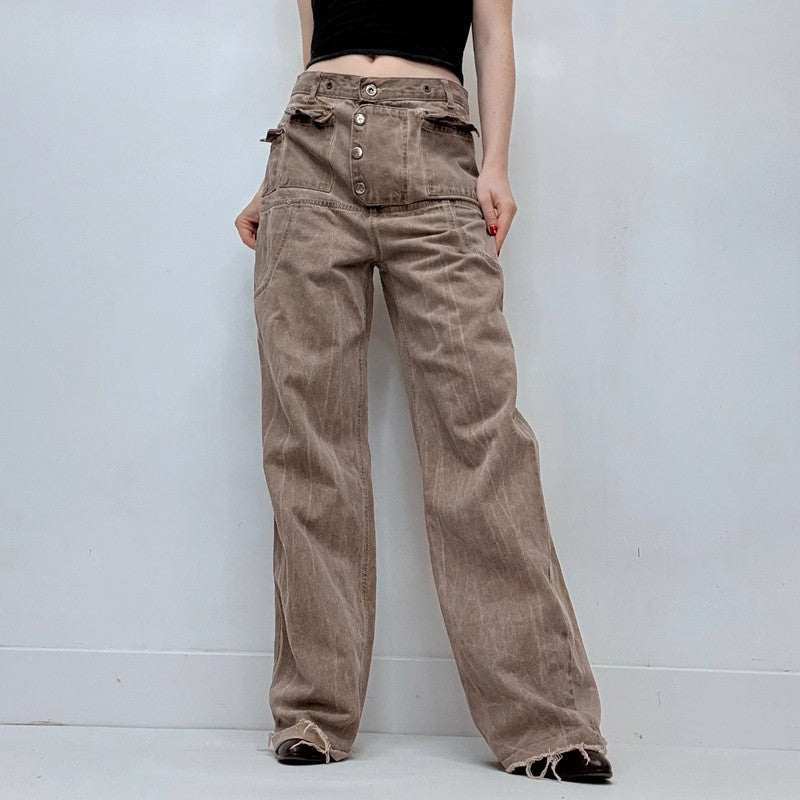 drop waist brown denim utility belted jeans