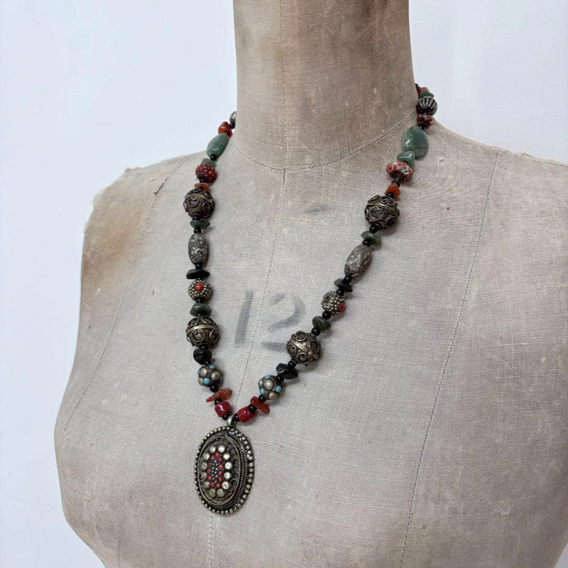 chunky beaded engraved boho necklace