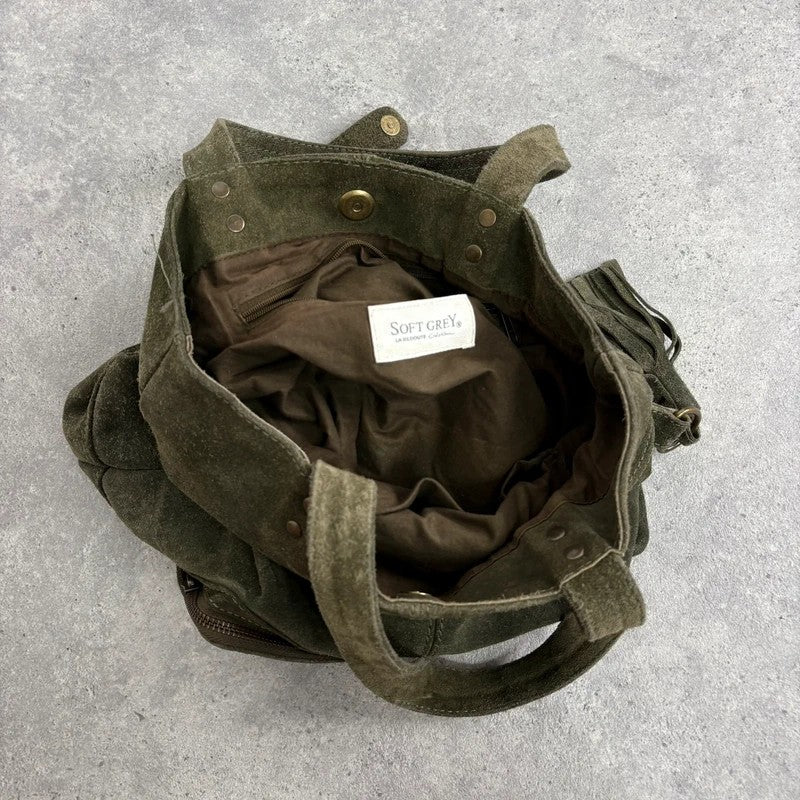 Khaki green suede leather tassel tote bag