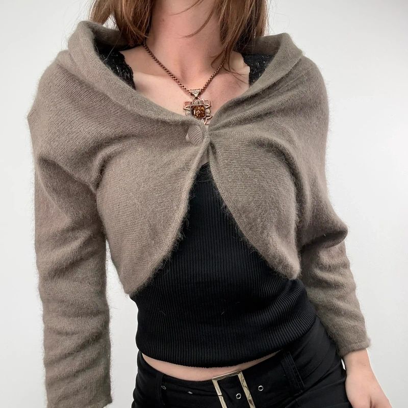 brown angora knit cropped slouchy cardigan