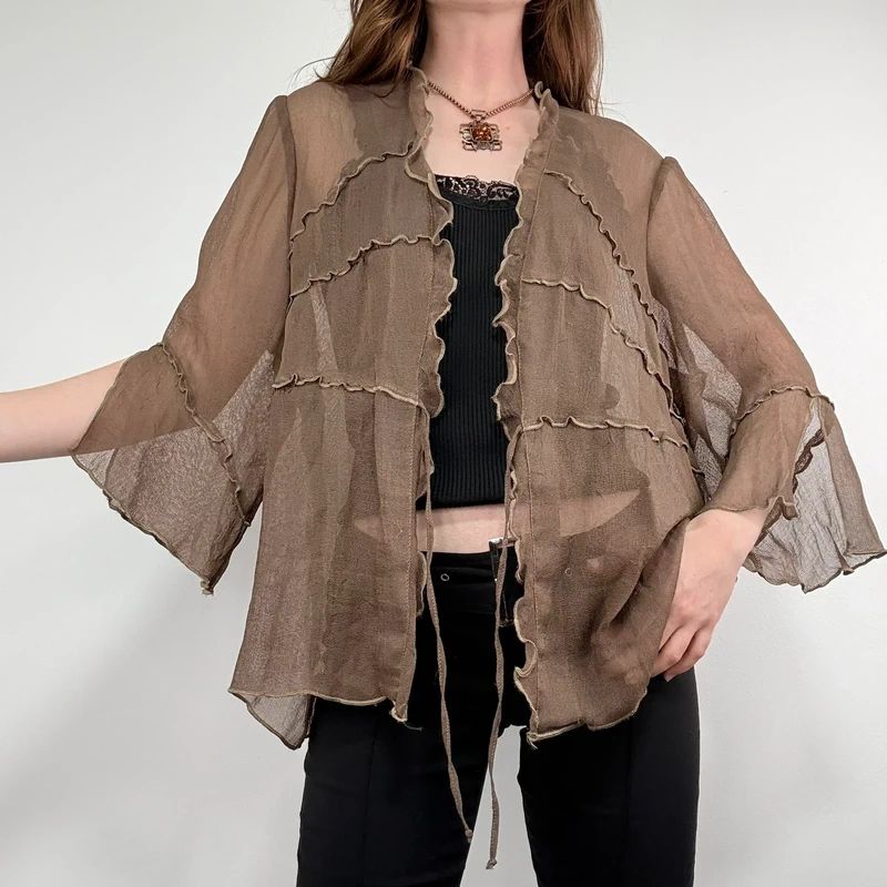 brown ruffle mesh slouchy flare shirt
