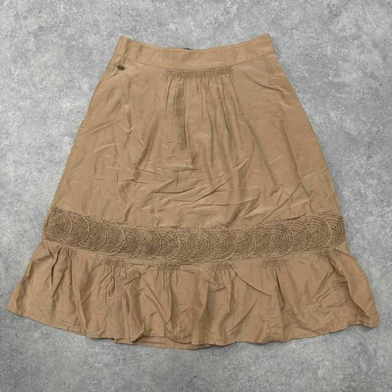 tan silk pleated flared midi skirt