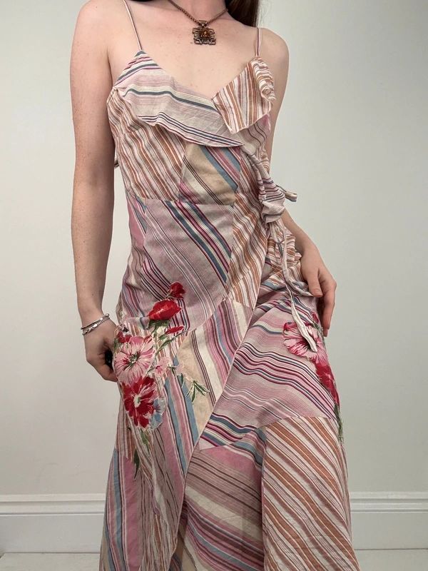pink pinstripe flared ruffle maxi dress