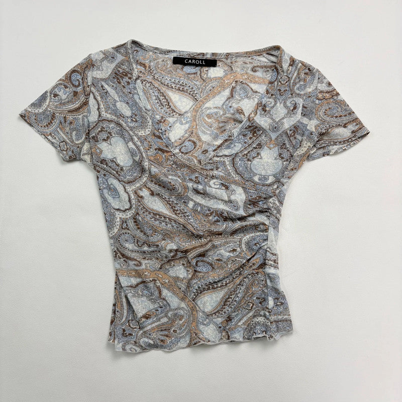 grey brown paisley mesh gathered wrap top
