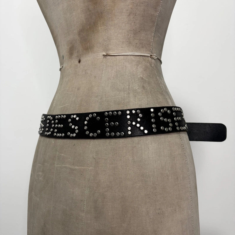 black leather studded spellout belt