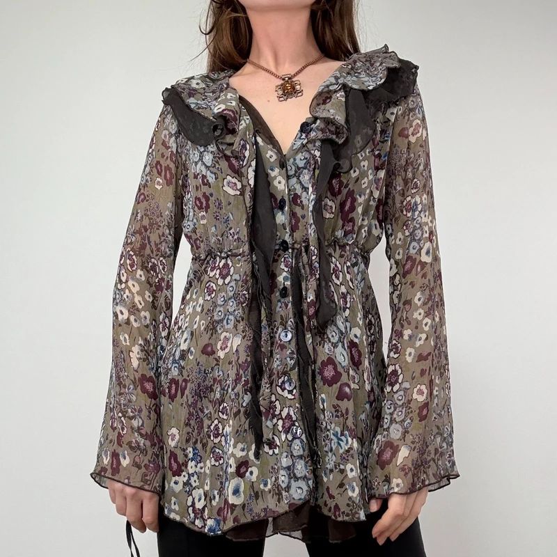 Sheer Khaki Ruffle Fairy Blouse