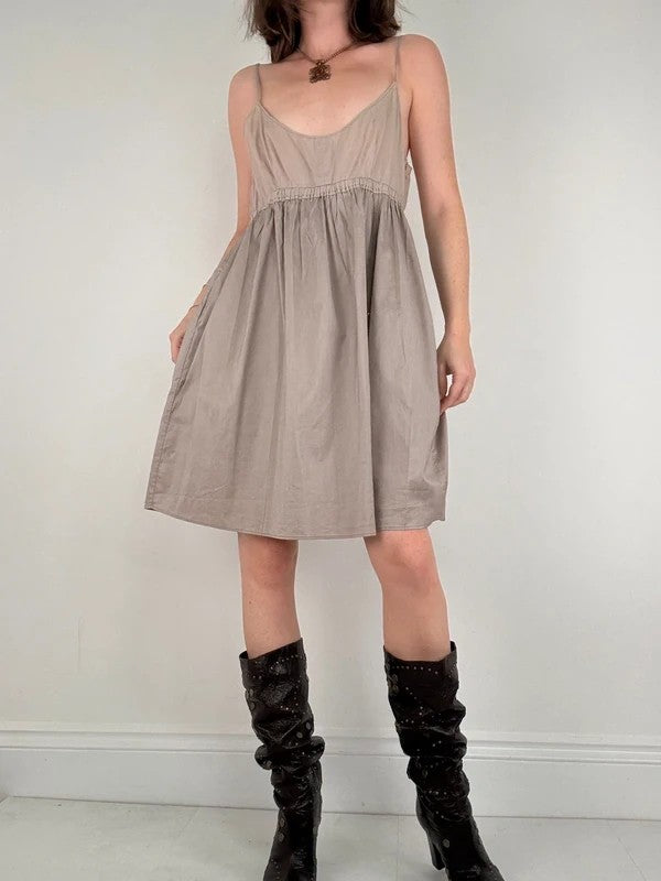 brown cotton pleated flared french midi dress