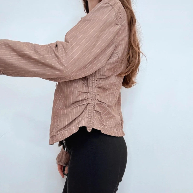 brown pinstripe fitted linen/cotton boxy pleated jacket