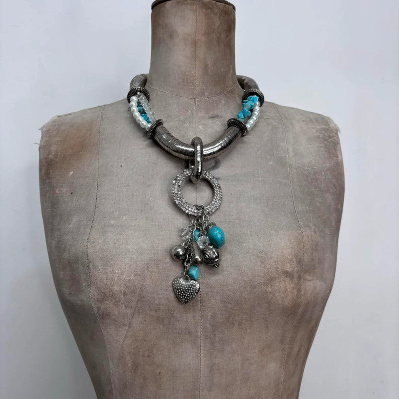 chunky oversized silver turquoise boho necklace