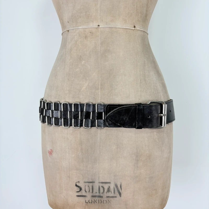 Black leather chunky metal belt