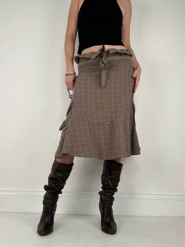 brown tartan low rise flared midi skirt