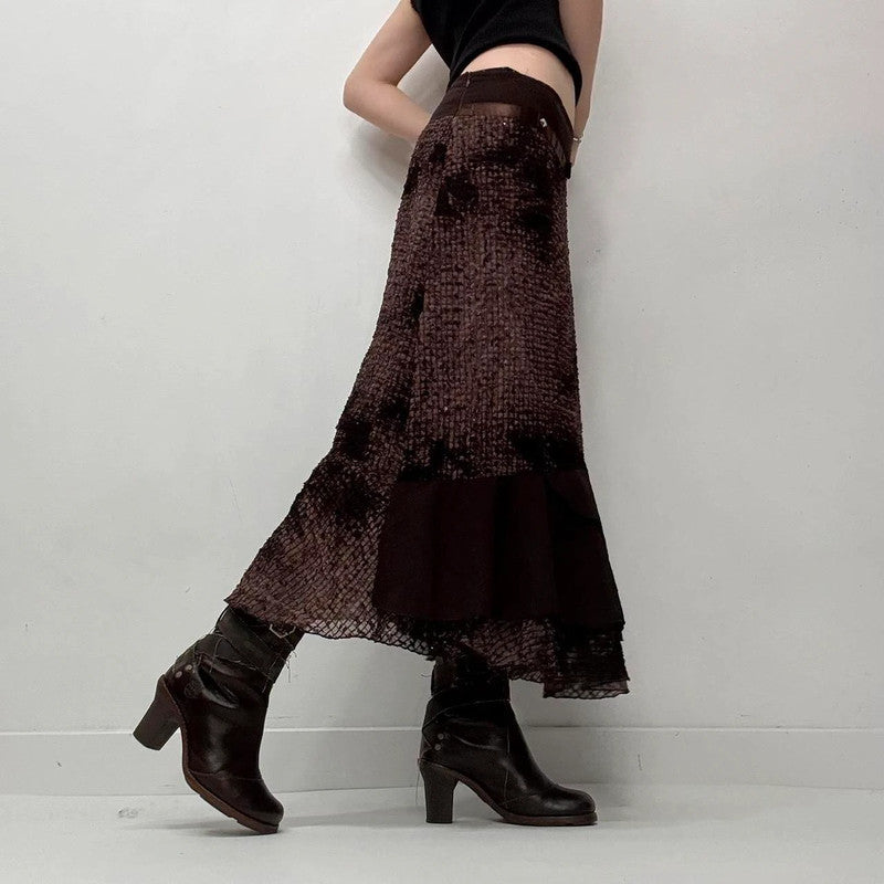 brown distressed textured layered maxi skirt