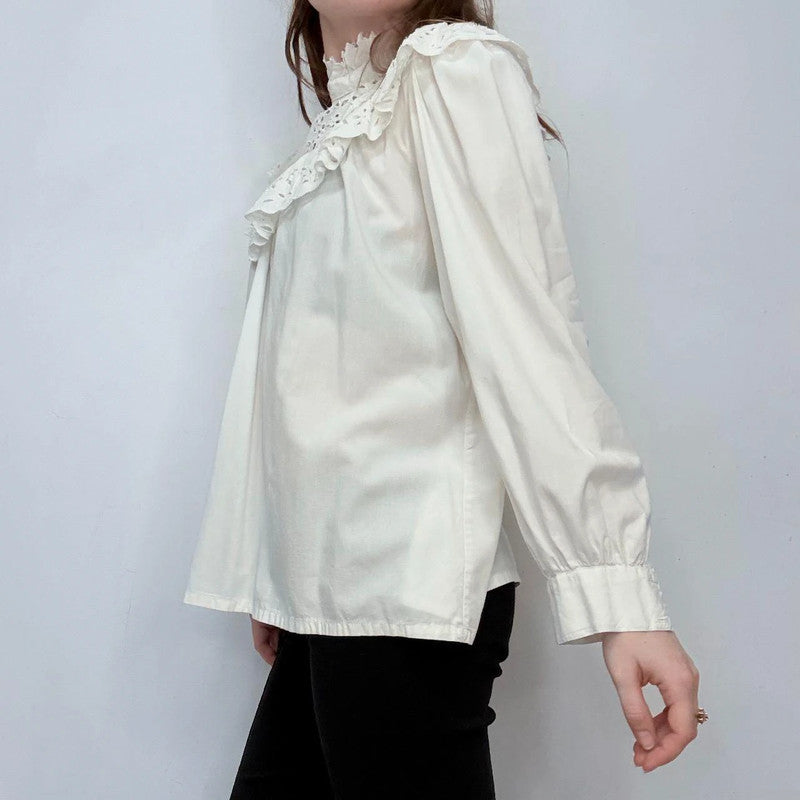 white cotton puff lace high neck shirt