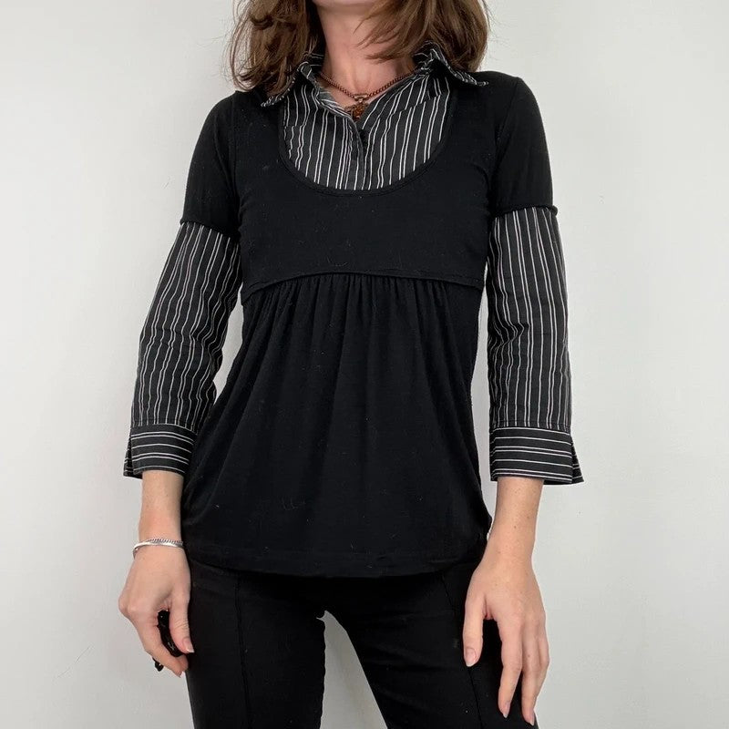 black pinstripe layered flared shirt