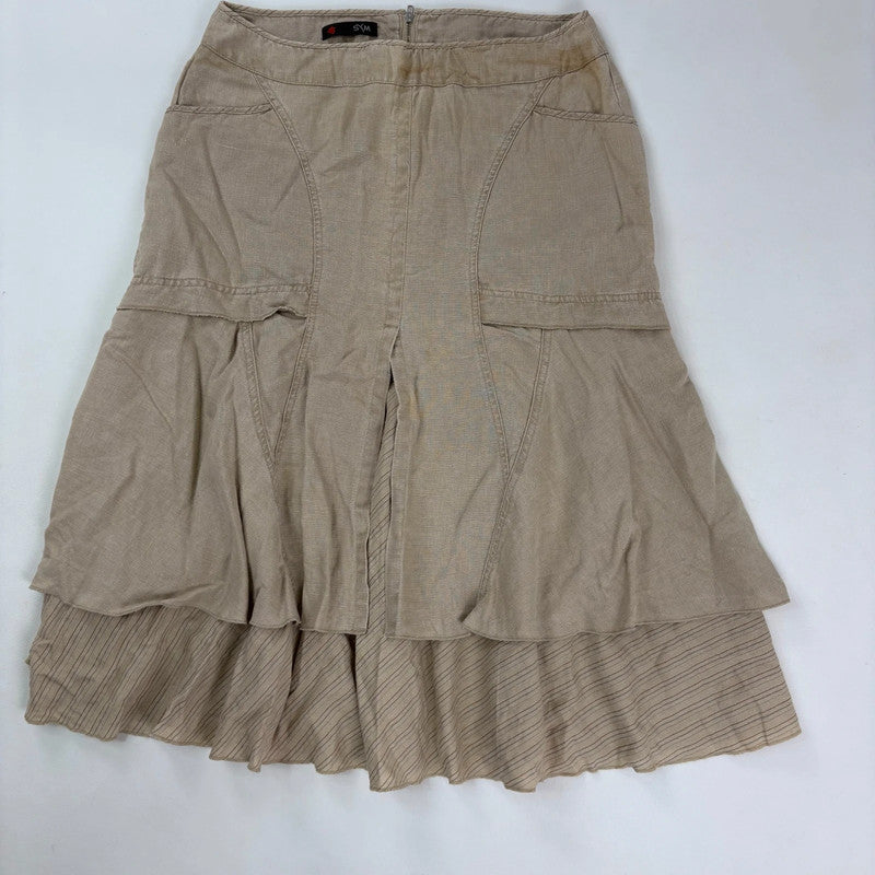 tan linen layered pinstripe midi skirt
