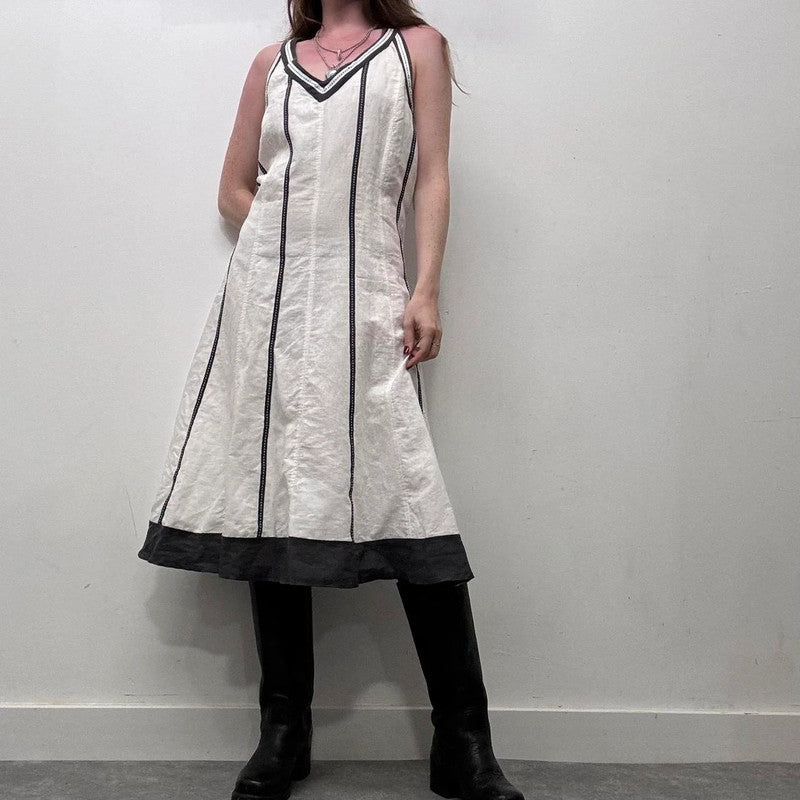 white linen flared ribbon dress