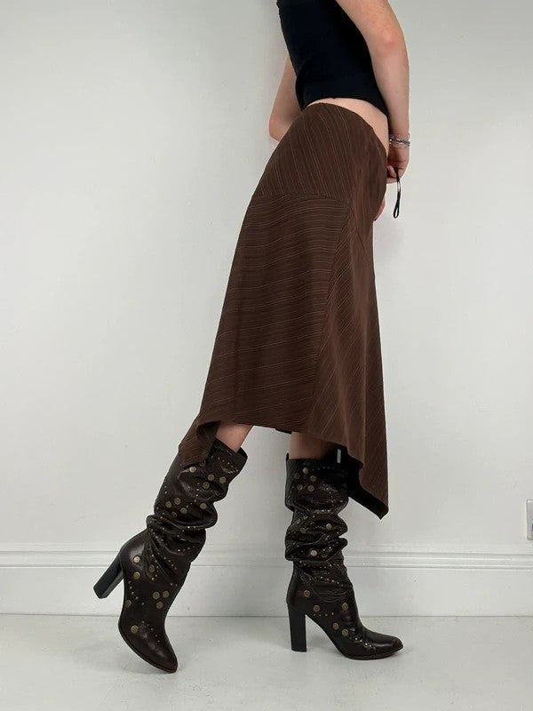 Pinstripe brown asymmetric draped midi skirt