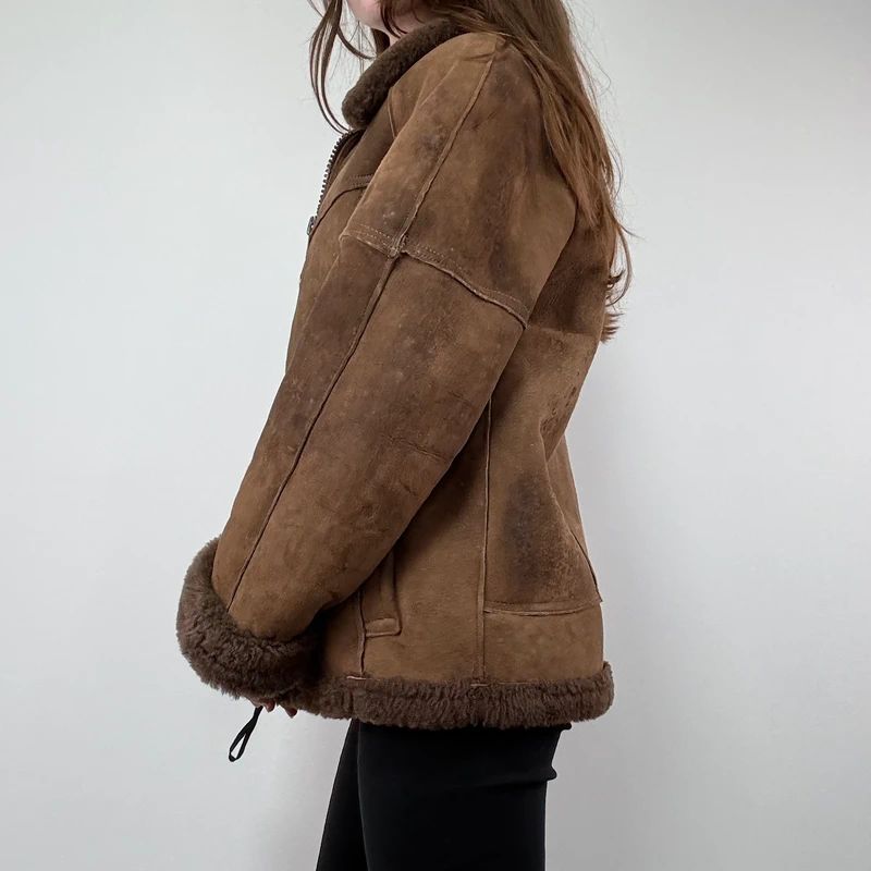 brown shearling aviator vintage jacket with zipper