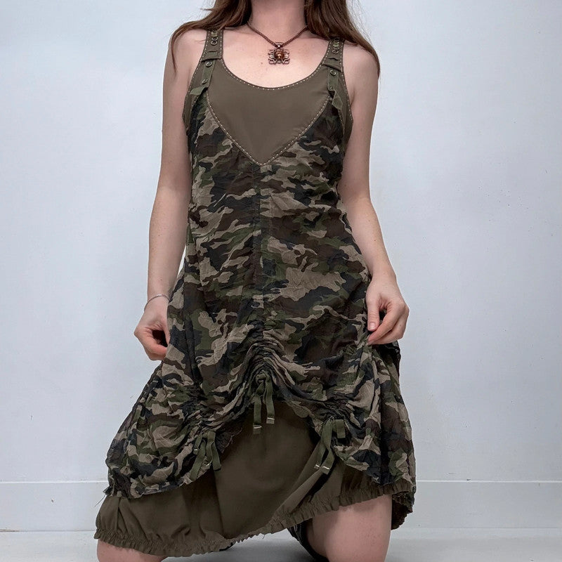 khaki graphic printed layered draped midi dress