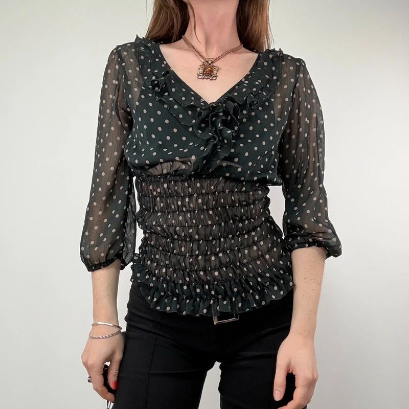 sheer black polkadot cinched shirt