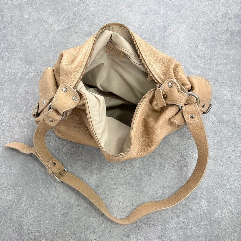 Slouchy cream leather cargo pocket satchel bag